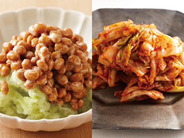 さっぱり納豆おろし（左）とキャベツの和風キムチ。納豆、キムチなどを味方にして腸を元気に
