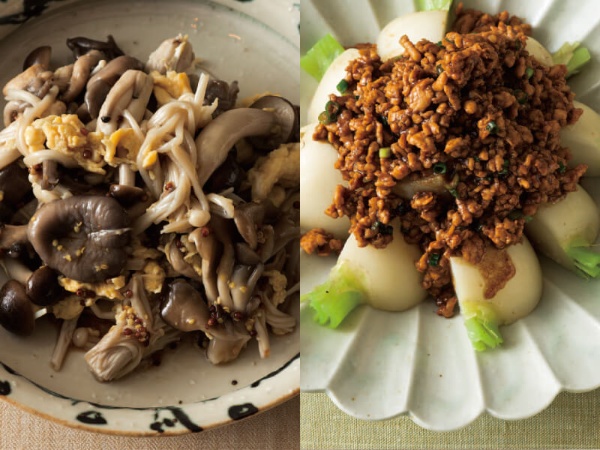 キノコと卵のあえ物（左）とカブの中華そぼろがけ。余計な塩や油は使わない蒸し器で野菜を調理する
