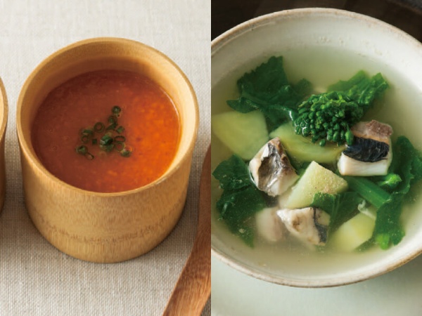 ニンジンの中華風ポタージュ（左）と菜の花とジャガイモの魚だしスープ。野菜の栄養はスープで効率よくとる