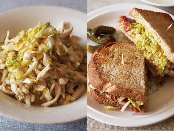 キャベツと鶏胸肉のショウガ炒め（左）とキャベツとコンビーフのホットサンド。野菜１種類を使って日持ちするサラダを作る
