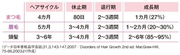 まつ毛・眉毛・頭髪のヘアサイクル、休止期、退行期、成長期は以下の通り。まつ毛のヘアサイクルは4カ月、休止期は80日、退行期は2～3週間、成長期は1カ月（27％）。眉毛は5カ月/3～4カ月/2～3週間/1～2カ月（20～30％）、頭髪は3～6年/3～4カ月/2～3週間/2～6年（85～95％）