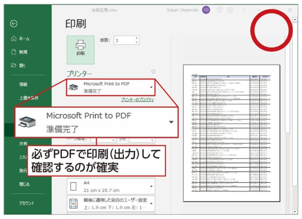 印刷画面の「プリンター」で「Microsoft Print to PDF」を選ぶと、PDFファイルとして出力できる