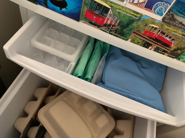 これが私の冷凍庫の現状です。食べ物は宅配弁当だけ。あとは水筒用の氷と、片頭痛の時に使う冷え冷え枕とヘッドバンド