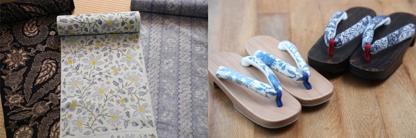 日本の絹織物に、伊藤さんが柄をデザインしてインドネシアでバティックを施した着物の反物（左）と、バティックを鼻緒にしたげた（右）。和服でもバティックはマッチする