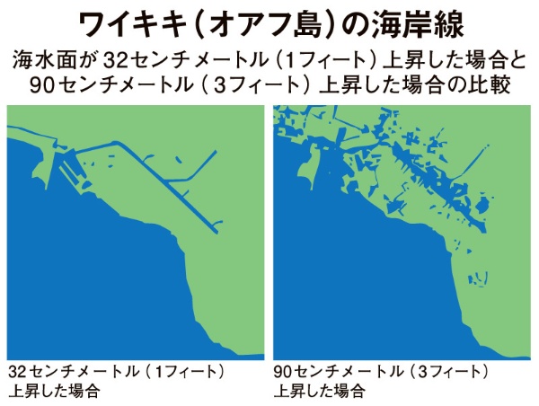ワイキキ（オアフ島）の海岸線が90センチメートル上昇した場合のイメージを分かりやすくするために32センチメートル上昇の場合と比較（ハワイ大学海洋地球科学技術学部の資料を基に編集部作成）