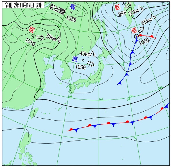 小春日和の天気図。高気圧が移動してきて日本付近を覆うと、広く秋晴れに