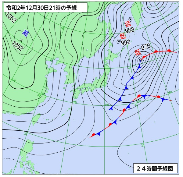 風冷えの日の天気図と天気分布／西高東低の冬型の気圧配置で、太平洋側は乾燥した晴天、日本海側は雨や雪。全国的に風が強い分、実際の気温より体感温度は低くなる