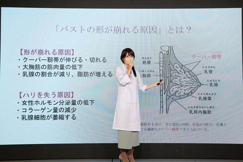 SAYUSAの発表会にて。「クーパー靭帯は縦揺れに非常に弱いと言われています。正しいサイズのブラジャーを着けて、クーパー靭帯を縦揺れから守れば、バストを長く美しく保つことができます」（写真提供：Making ideal）