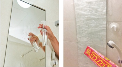 鏡の白いモヤモヤ汚れの正体は、水道水が蒸発して、ミネラル成分が残ったもの。クエン酸水をスプレーしてキッチンペーパーを貼り付け、ラップをかけ15分放置、水で洗い流す