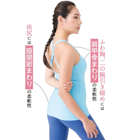 「ふわ胸、二の腕引き締め」には肩甲骨まわりの柔軟性、「桃尻」には股関節まわりの柔軟性が必要。