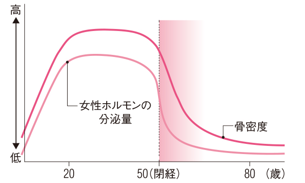 年齢と閉経にともなう骨密度の変化(概念図) 
