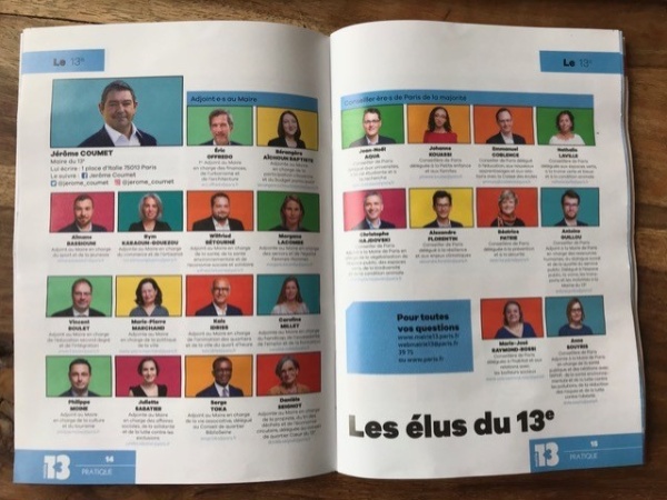 パリ13区の「2021年便利帳」には、区議会議員の顔写真と名前が男女交互に掲載されている