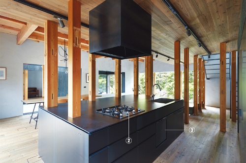 愛知県刈谷市の住宅の開放的なキッチンには、黒いドミノ式コンロとフロントオープン式食洗機を設置