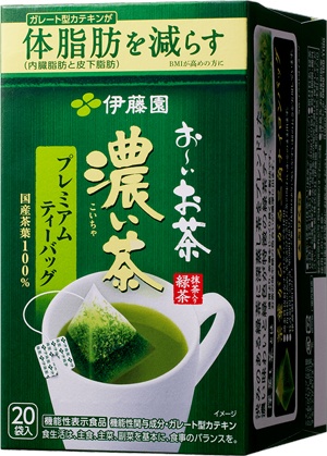 かんたん、便利に!<br> お~いお茶濃い茶プレミアムティーバッグ<br> ■1日摂取目安量:ティーバッグ5袋(10g)(摂取の方法による)■届出番号:H84