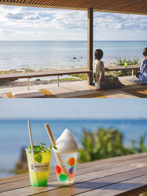 絶景のテラス席では、海辺の景色に映えるドリンク「ぶくぶくジュレソーダ」（右・1000円、税込）と「シークワーサーネード」（左・700円、税込）をオーダー