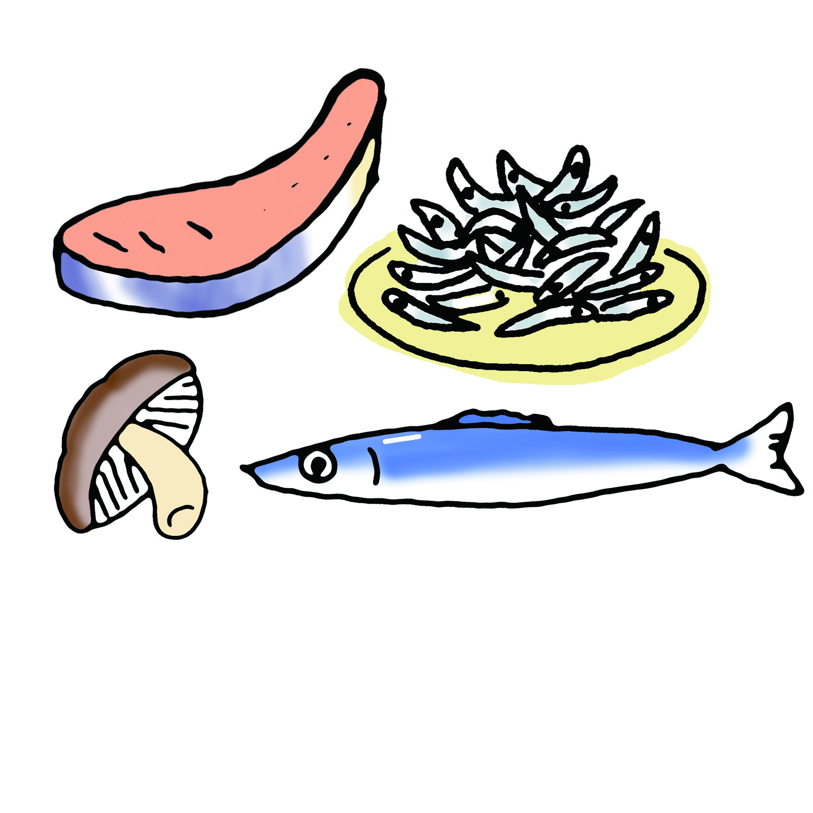 ビタミンＤが多い食品の例。紅鮭（一切れ120ｇ）39.6μg、サンマ一尾（150ｇ）14.5μg、シラス（大さじ2杯10ｇ）6.1μg、天日干しシイタケ（2枚６ｇ）0.8μg（日本食品標準成分表　2015年版）