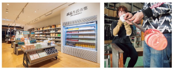 （写真左）台湾の食材やキッチン雑貨を扱う「誠品生活市集」、（写真右）ガラス工房「日本橋玻璃工房」