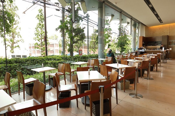「Cafe 椿」。駒沢通りに面した明るい空間で、天井まで届くガラス窓がオープンカフェのような開放感をもたらしています