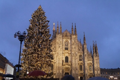 ミラノ大聖堂（Duomo）のクリスマスツリー。「大好きな街ミラノ。バールでエスプレッソを飲みながらオシャレなイタリア人を眺めるだけでも刺激的です。ミラノから少し足を伸ばして湖畔リゾートの散策もおすすめ」（宇梶さん）