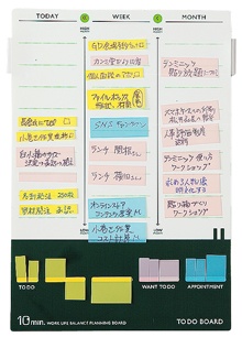 ＜表＞3色7種類の付箋がセットされている「テンミニッツ」の専用ボード。左の上に行くほど優先順位の高いタスクになる