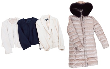 【左】3枚のジャケットはエストネーションやEPOCA　【右】JOSEPHのダウンコート（約6万円で購入）　