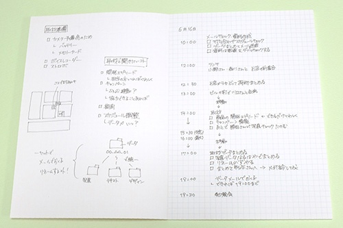 【muji＋koushi…自由】左ページが無地、右ページが5mm方眼のノート。仕事の構成や香盤表を書き入れてみました