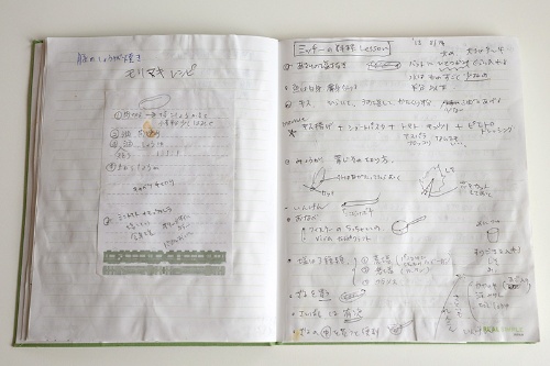 ミッチーさんに教わったレシピや料理のコツもノートに記録。左ページには、元日テレアナウンサーの森麻季さんに教えてもらったレシピメモが