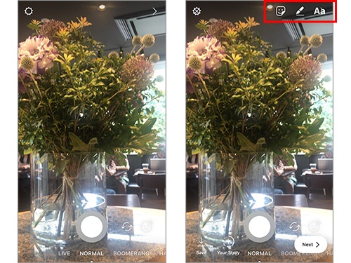 目の前にあったお花をストーリーに投稿しましょう。丸ボタンのタップまたは長押しで撮影（左写真）、撮影後、右上のアイコンから文字やスタンプを入れることができます（右写真）