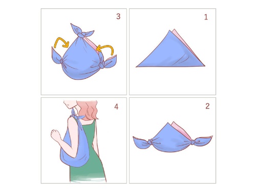 即席エコバッグの作り方――（1）スカーフを折って二等辺三角形を作り、（2）左右の角を1回結び、（3）頂角を結んで左右の結び目を内側に入れて、（4）完成！　イラスト／六角橋ミカ