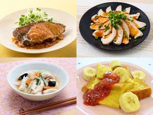 上段左から「ぶりのしょうが煮」「サラダチキン・旨味ダレかけ」下段左から「チキンと野菜のスープ」「しっとりフレンチトースト」どれも簡単でおいしく出来る　画像提供／ライオン