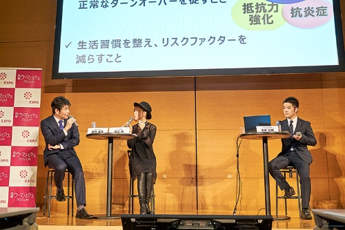 美と健康をテーマにした「日経ヘルス」発行人の藤井省吾（左）と、美容誌「etRouge」編集長の麻生綾（中）