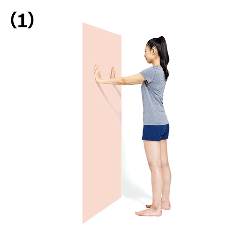 （1） 肩の高さで壁に手をつける　⇒　（2） 手の位置をキープして腰を落とす