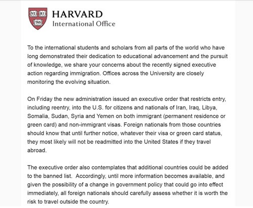 1月28日にハーバード大学から送られてきたメール。学内にも不安が広がる