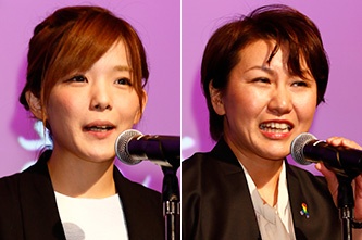 次世代ものづくり賞のUPQ・中澤優子さん（左）、チェンジメーカー賞の虹色ダイバーシティ・村木真紀さん
