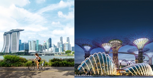 写真左：シンガポールのアイコンであり、絶景＆エンタメスポット「マリーナ・ベイ・サンズ」。写真右：熱帯雨林をイメージした「ガーデンズ・バイ・ザ・ベイ」のスーパーツリー
