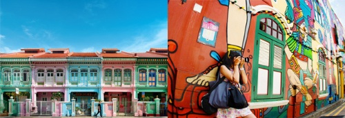 写真左：パステルカラーの家並みが美しいカトン地区の「クーン・セン・ロード」。写真右：オシャレなお店やカフェが建ち並ぶ「ハジ・レーン」
