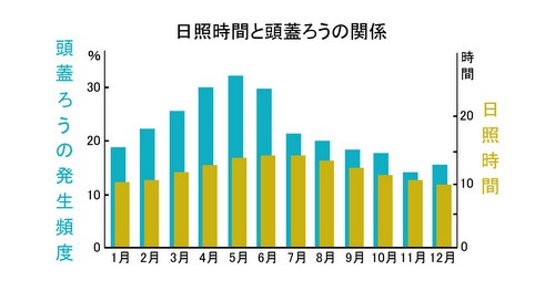 1120人の新生児を対象に、頭蓋ろうの発生率を調べた。妊娠後期が日照時間が短い冬に当たる5月生まれの子に最も頭蓋ろうが多く、11月生まれが最も少なかった（データ：J Clin Endocrinol Metab. 2008 May;93(5):1784-8.）