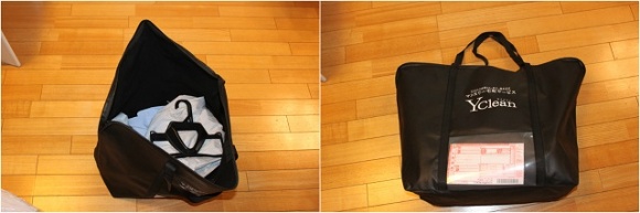 着終わったワイシャツは専用袋へ。ハンガーも回収してくれます（左）。1カ月分を入れて、コンビニなど宅急便の窓口へ（右）
