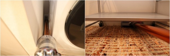 洗濯機横は幅約6.5㎝、奥行き約75㎝だが、問題なく掃除完了（左）。シェルフ下。高さ約12㎝、奥行き約44㎝（右）