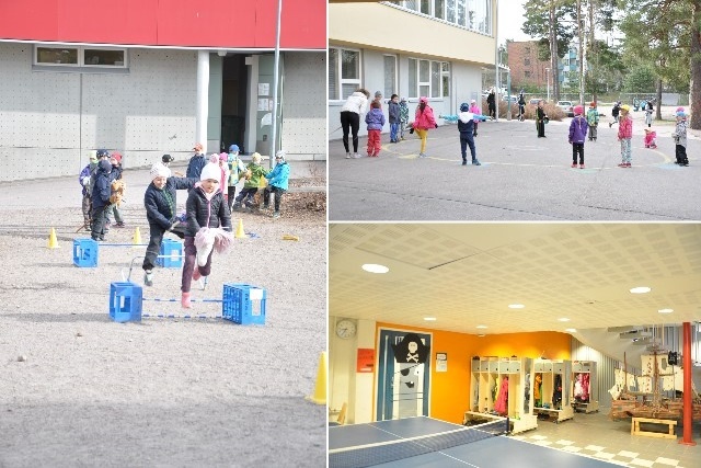 写真左：フィンランドの国民的おもちゃ・ケッピヘボネン(棒馬)を使った障害物レースを楽しむ子どもたち。写真右上：地面に図形を描く日本の昭和の遊びを思わせる外遊びゲーム。写真下：広間には卓球台を配置