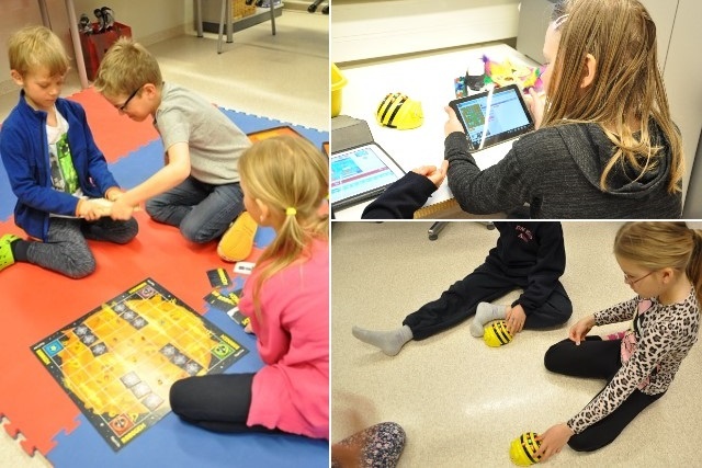 写真左：ボードゲームを使い、遊び感覚でプログラミングの基礎を学ぶ、写真右上下：スクラッチでロボットの動きをプログラミングし、実際に動かす