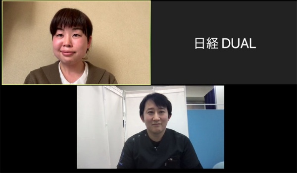 作家の山崎ナオコーラさん（左上）と医師の鈴木雄介さん（下）。対談はオンラインで実施