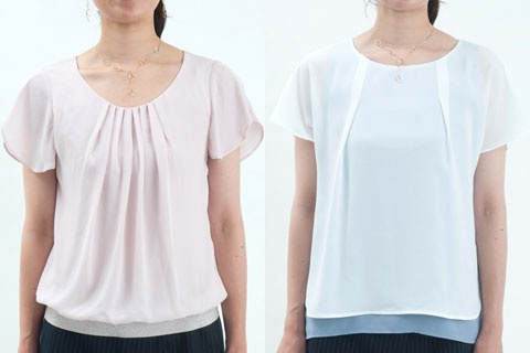胸元や裾のデザインで個性的に。左：ピンクカットソー  税抜 6800円、右：白ブラウス 税抜 7800円（いずれもザ・スーツカンパニー）