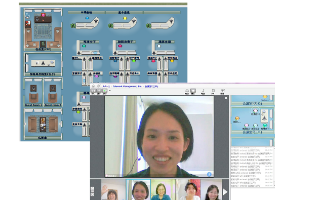 図１　パソコン画面でバーチャルオフィスの部屋を眺めると、上司や仲間の様子がわかる
