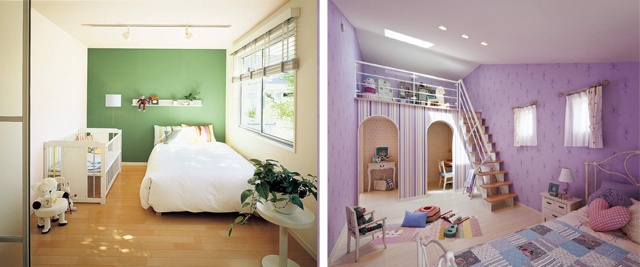 左は一部の壁の色を変えてみた子ども部屋。白一色の場合とは部屋の印象がかなり違う。右の例ではカーテンの柄も工夫している

