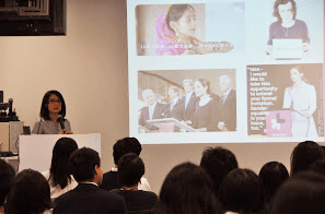 世界の潮流を踏まえた日本女性の状況について講演する、ジェンダー専門家の大崎麻子さん