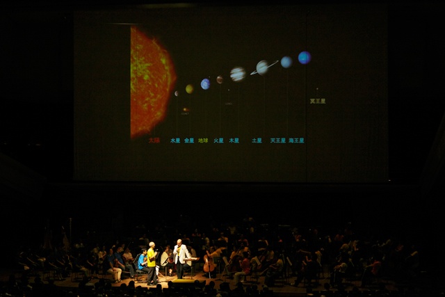 演奏の間には井上さんと月尾さんによる楽しいトークショー。後ろには、太陽系の惑星が映し出されています