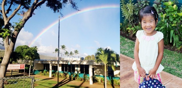（左）娘が通った海の見える小学校。冬場のハワイには、毎日のように虹のアーチが架かります。子どもでも虹の七色の配色を正しく言えるのは、さすが！

（右）初登校の日に、真新しいバックパックを持ち緊張気味の娘。学校までは、日本と違い親の送迎が必要でした

