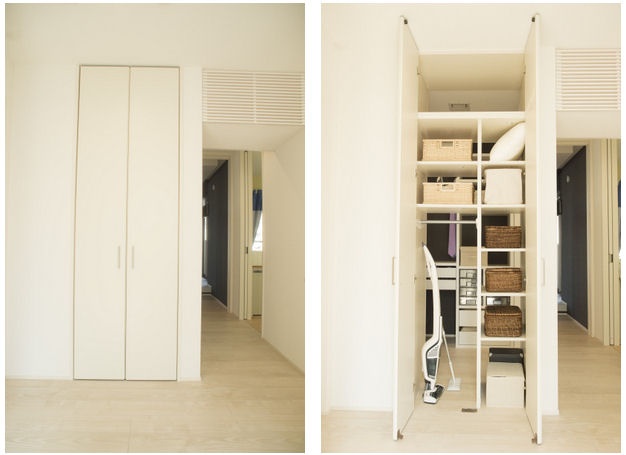 （左の写真）扉を開けると、中は両面収納。（右の写真）寝室に入らなくても廊下側から利用できて便利