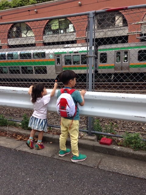 親子のおでかけはもっぱら鉄道巡りで、恵比寿駅付近から湘南新宿ラインを食い入るように見つめる子ども達。外から見るだけでなく乗るのも好きで、乗ったときには車両をくまなく見たがるので退屈する暇がないという